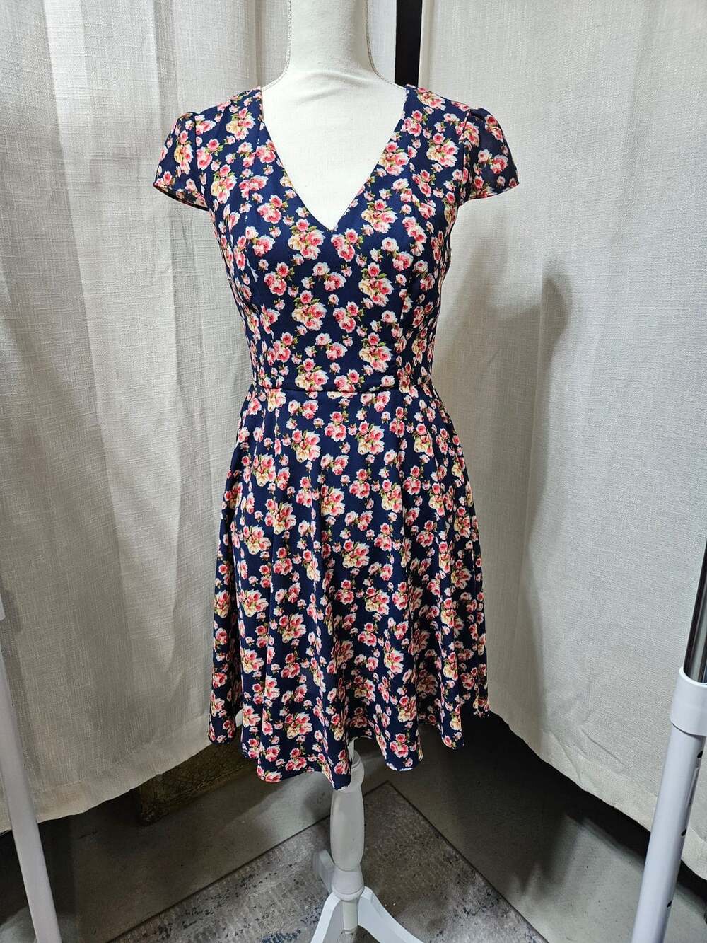 Betsey Johnson Navy and Pink Floral A-Line Dress Size 2
